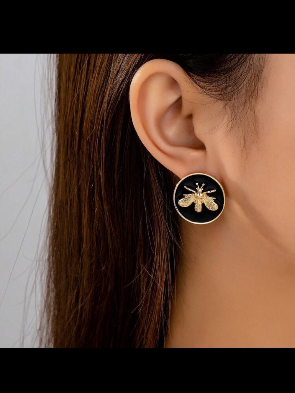 Gold Bee Black Enamel Stud Earrings - Picture 3 of 7